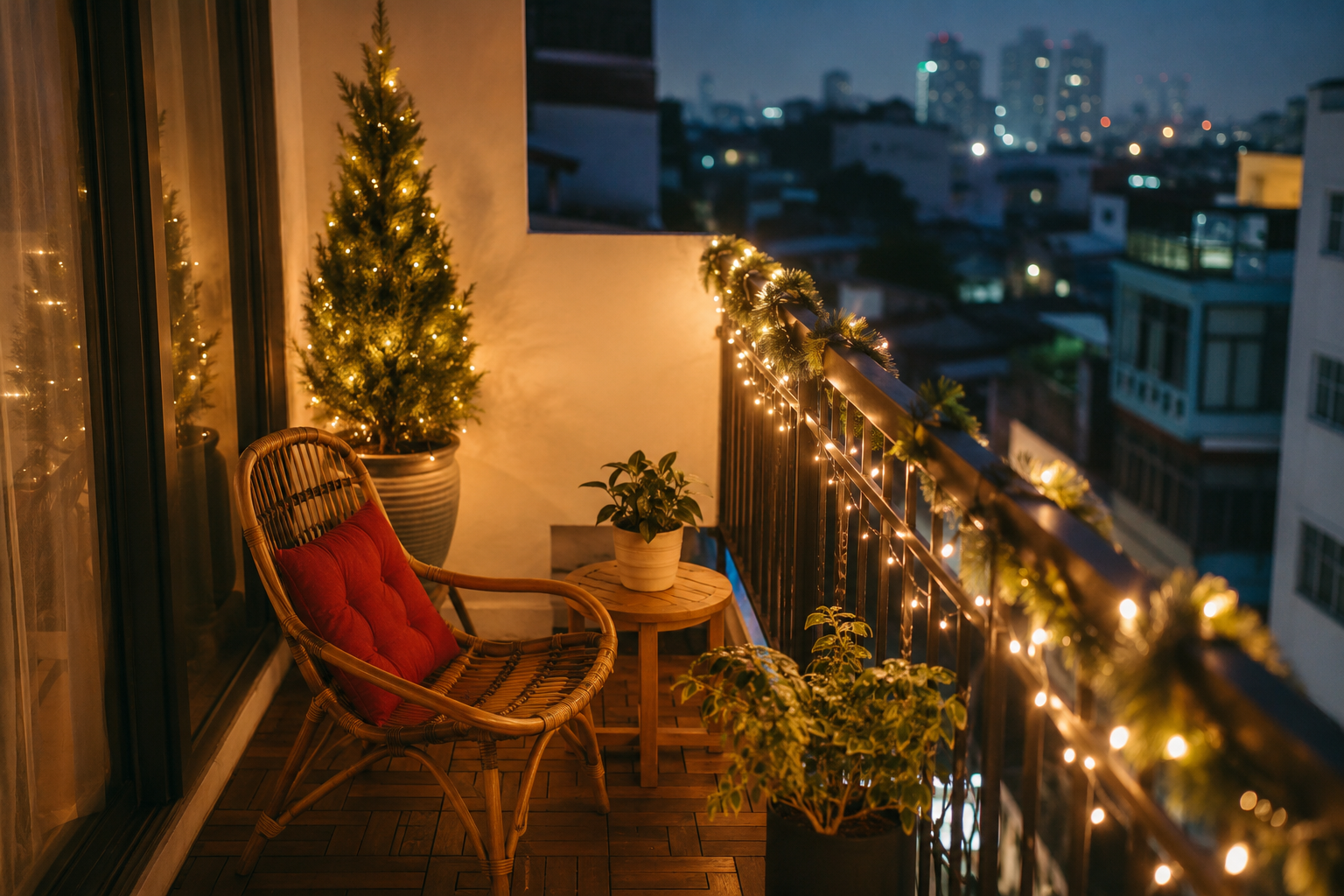 Đèn dây led trang trí ban công căn hộ dịp Noel