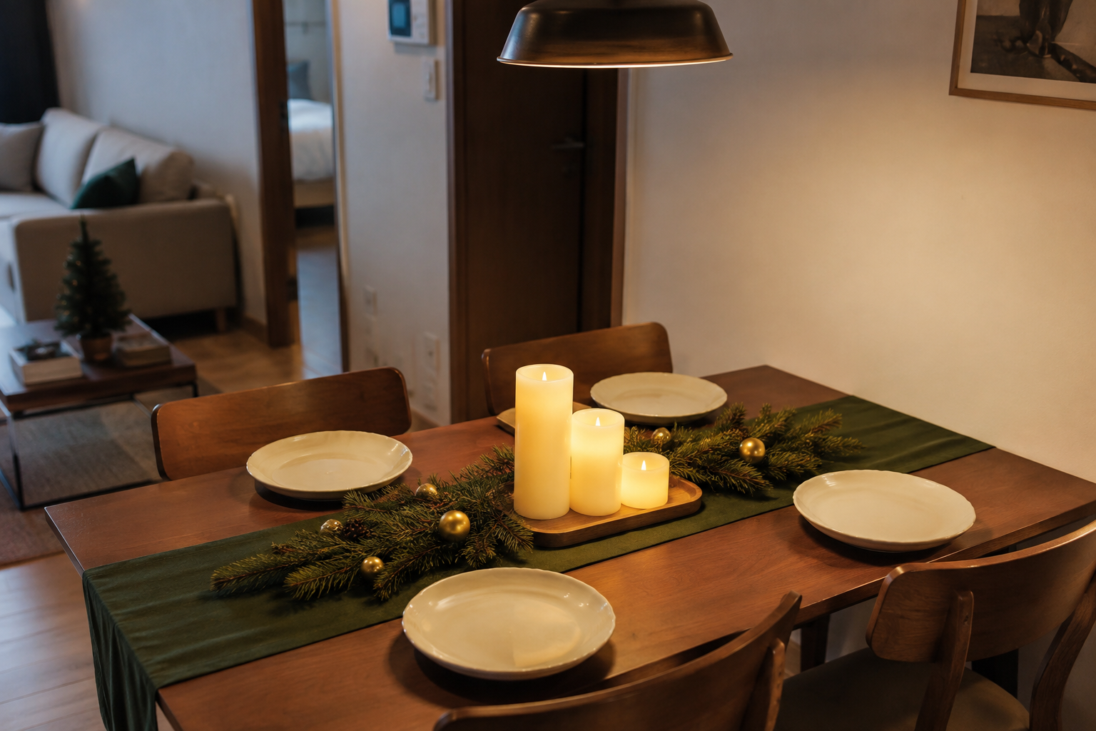 Bàn ăn căn hộ nhỏ trang trí Noel với chùm thông và nến
