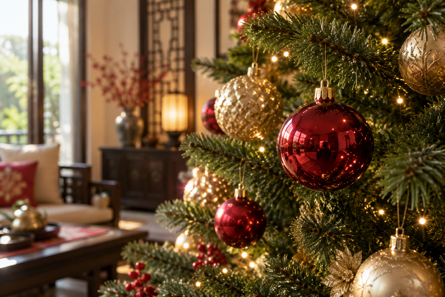 Cận cảnh quả châu Noel đỏ và vàng đồng treo trên cành thông