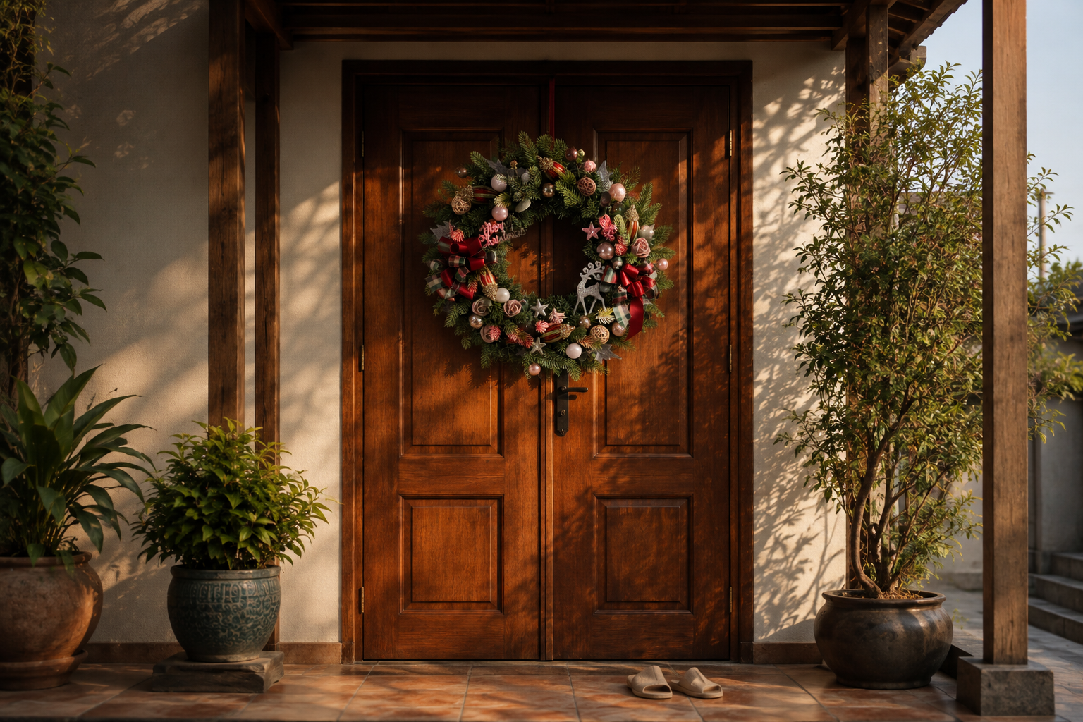 Vòng hoa Noel treo cửa gỗ nhà mùa Giáng sinh