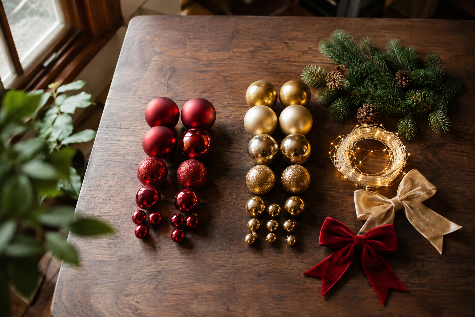 Phụ kiện trang trí cây thông Noel gồm quả châu, dây đèn và nơ