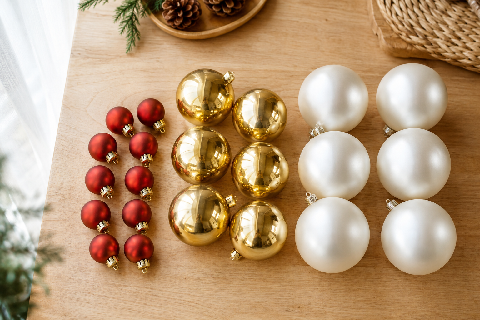 Bảng phối size quả châu Noel nhỏ vừa lớn trên bàn gỗ