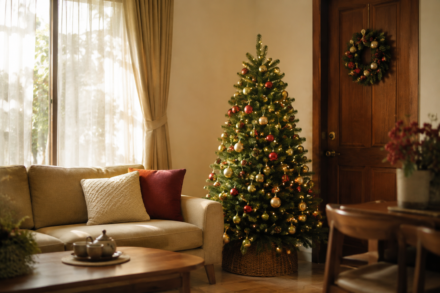 Phòng khách trang trí Noel tại nhà với cây thông và đèn vàng ấm
