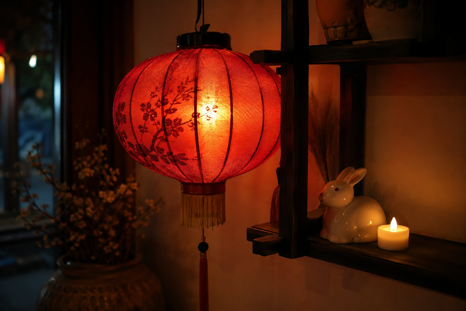 Ánh sáng vàng ấm cho góc trang trí Trung Thu tại nhà
