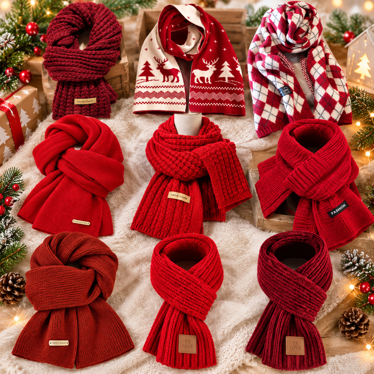 Khăn Choàng Cổ Len Đỏ Noel Nam Nữ Trẻ Em, Khăn Quàng Cổ Giữ Ấm Mùa Đông Nhiều Mẫu 15x150cm 10x120cm