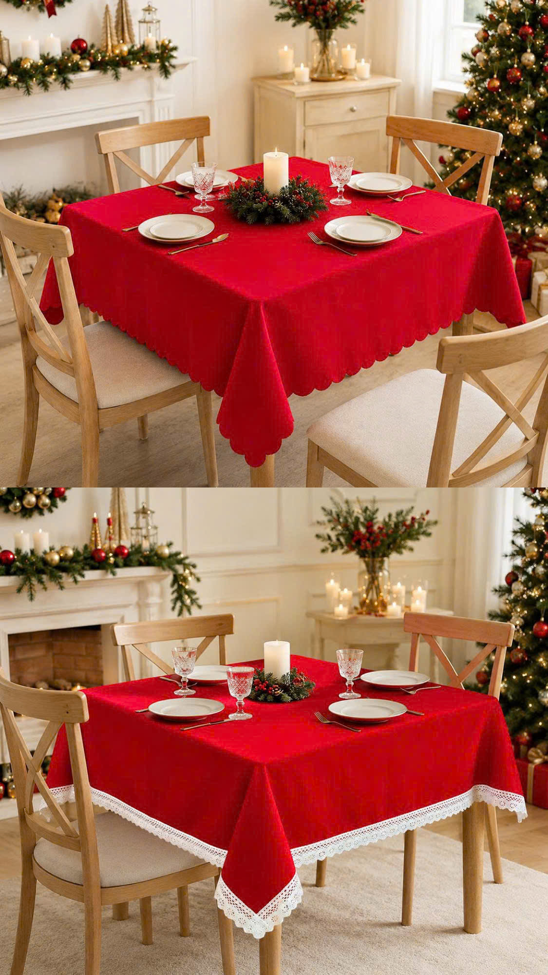 Khăn Trải Bàn Vải Nhung Giáng Sinh Sang Trọng Decor Tiệc Noel, Bàn Ăn, Chụp Ảnh (Viền Ren & Trơn
