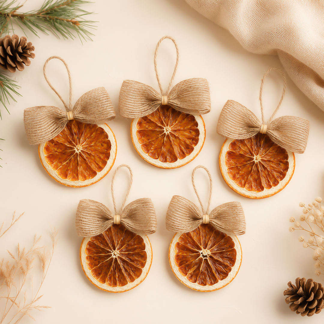 Set 5 Lát Cam Khô Nơ Bố Treo Cây Thông Noel Trang Trí Giáng Sinh Phong Cách Vintage Rustic