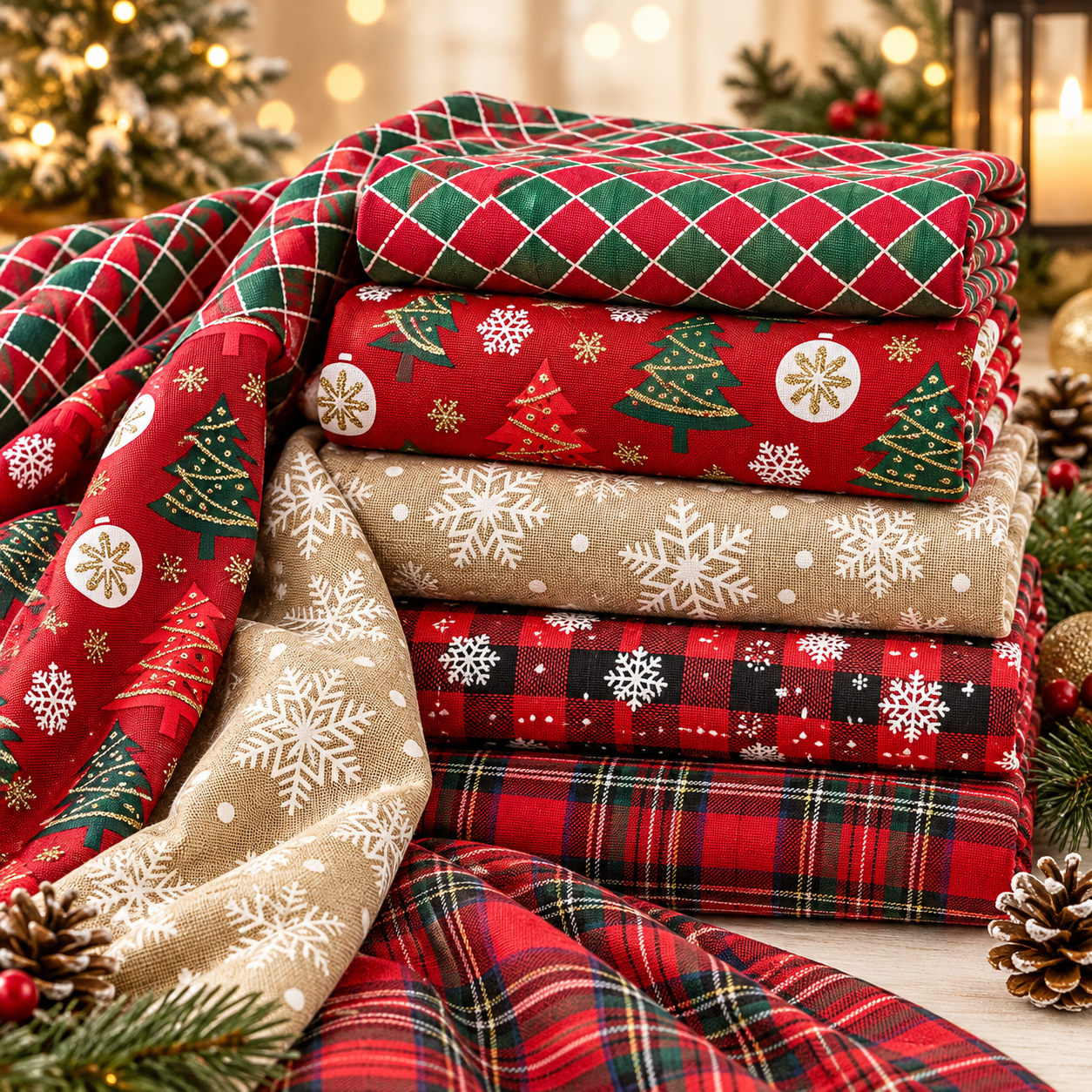 Vải Trang Trí Noel Khổ 1m5 Bán Theo Mét Họa Tiết Giáng Sinh Caro, Cây Thông, Bông Tuyết Làm Khăn Trải Bàn