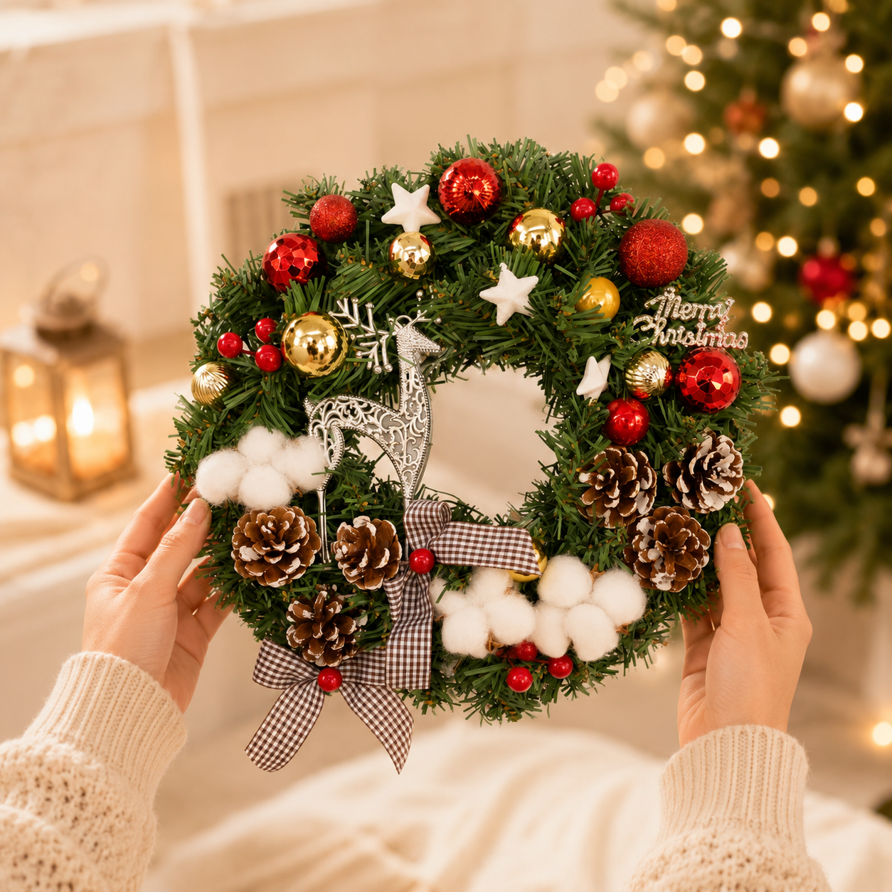 Vòng Hoa Trang Trí Noel D59 size 35cm Tặng Kèm Đèn Vòng Nguyệt Quế Giáng Sinh